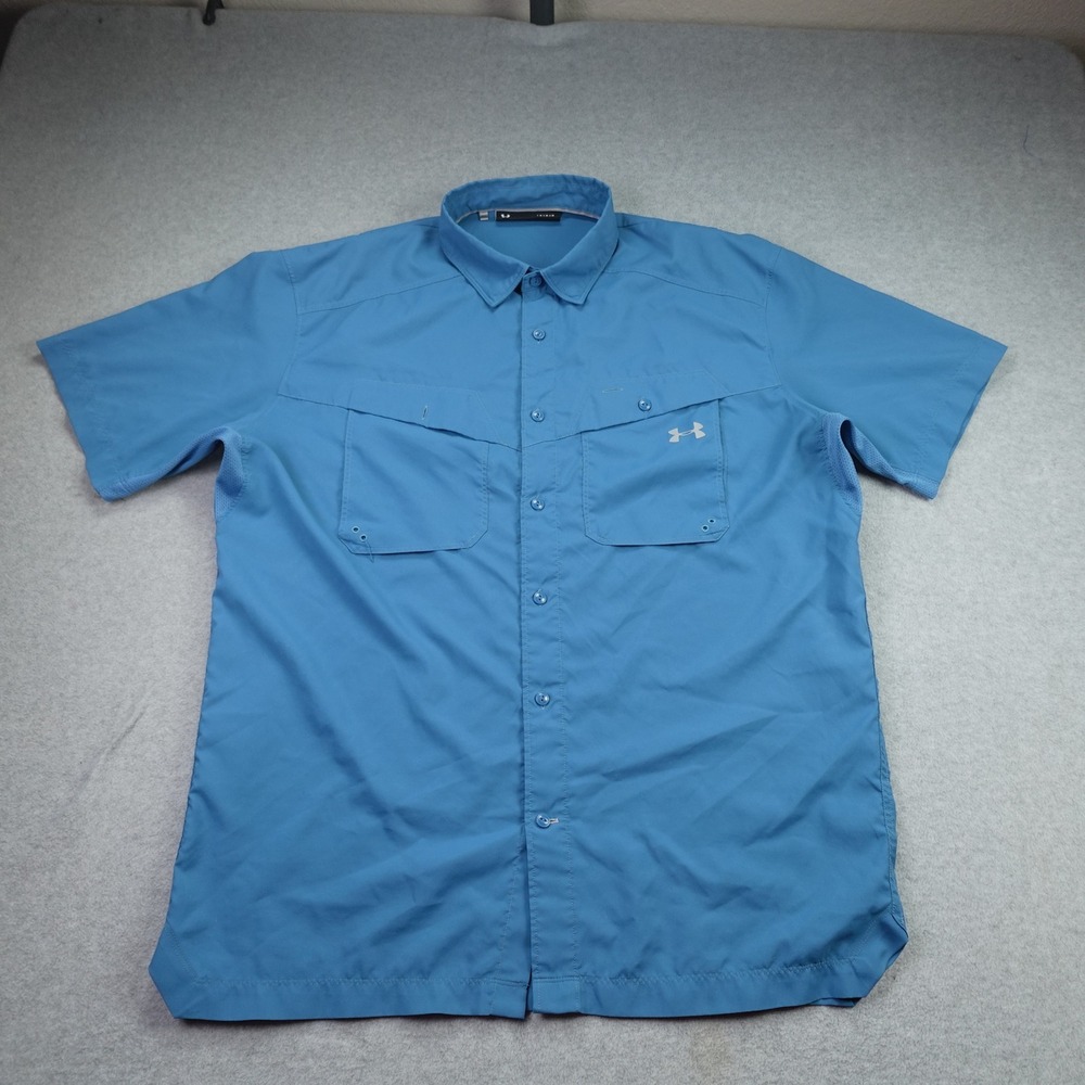 Under Armour Shirt Mens Large Blue HeatGear Button Front Outdoor Fishing